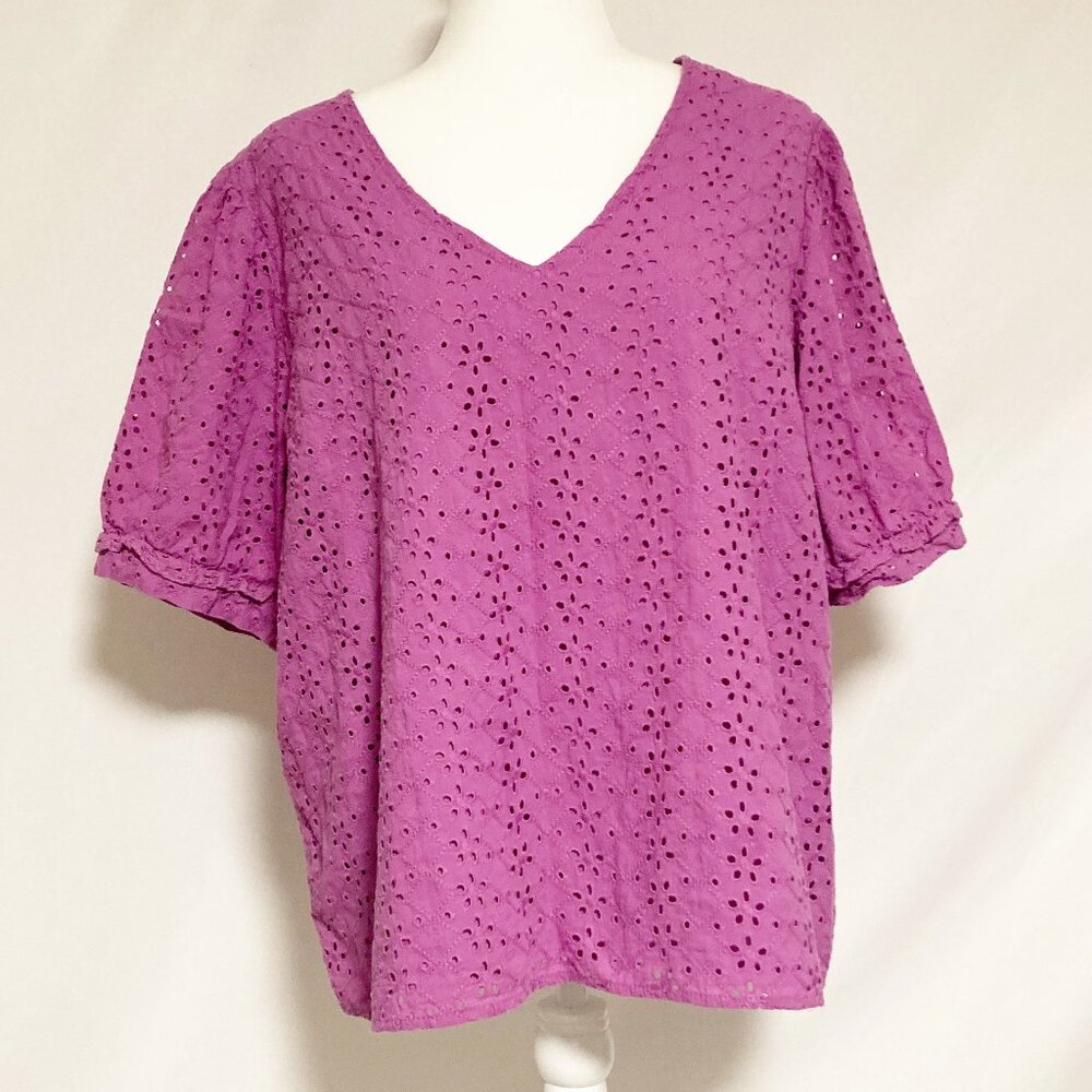 Draper James Heidi Puff Sleeve V Neck Top Eyelet Embroidered Size XXL